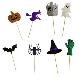 34 Pack New Halloween Themed Cupcake Cake Toppers Glitter Decorations